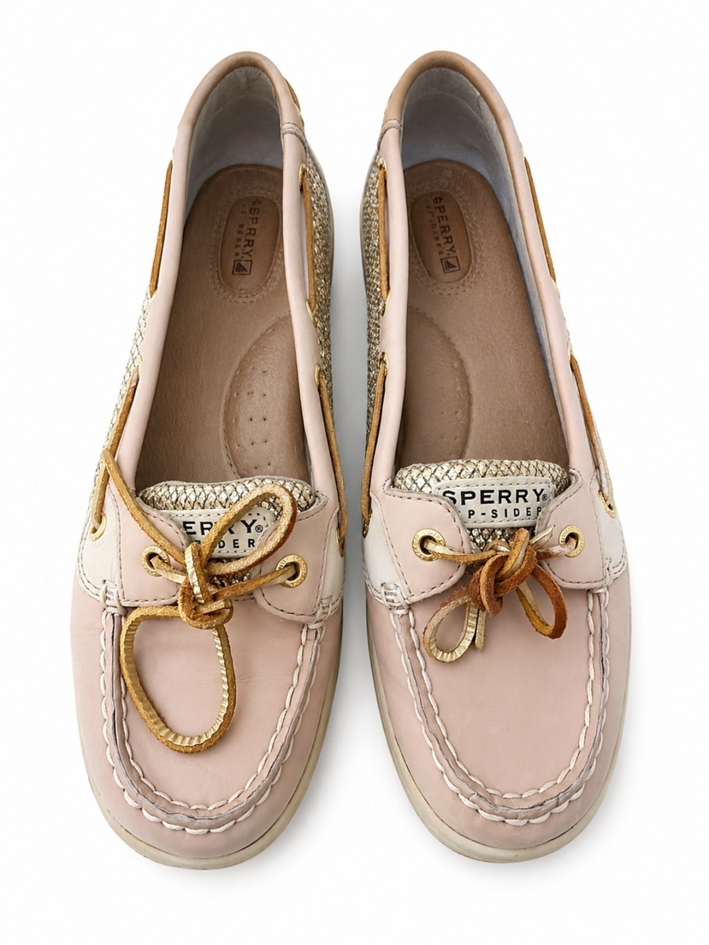 Sperry Women's tan Leather Boat Shoes with Gold Trim 10
